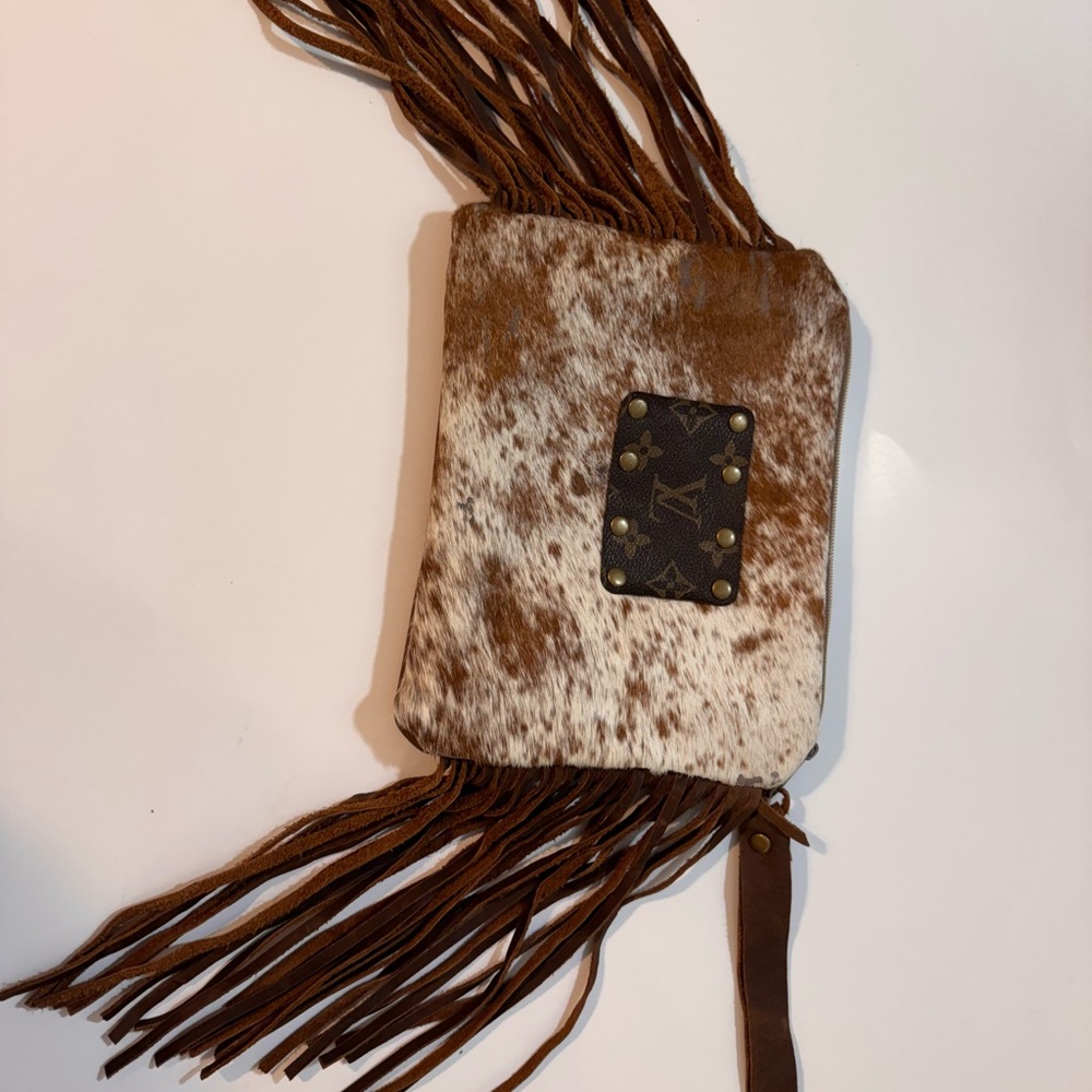Handmade Upcycled Western Cowhide & Fringe Pouch with LV-Style Patch